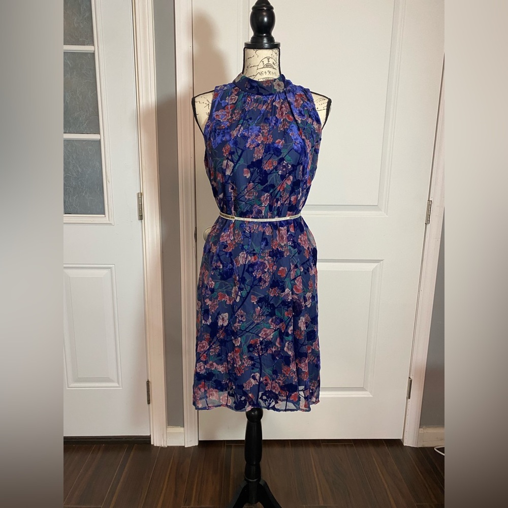 Tommy Hilfiger Floral‎ Blue Sleeveless A-line Dress w/ Chiffon & Velvet NWT 8 A